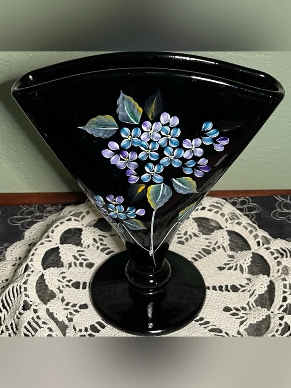 Vintage Fenton Black Amethyst Fan Vase – Hand Painted & Signed